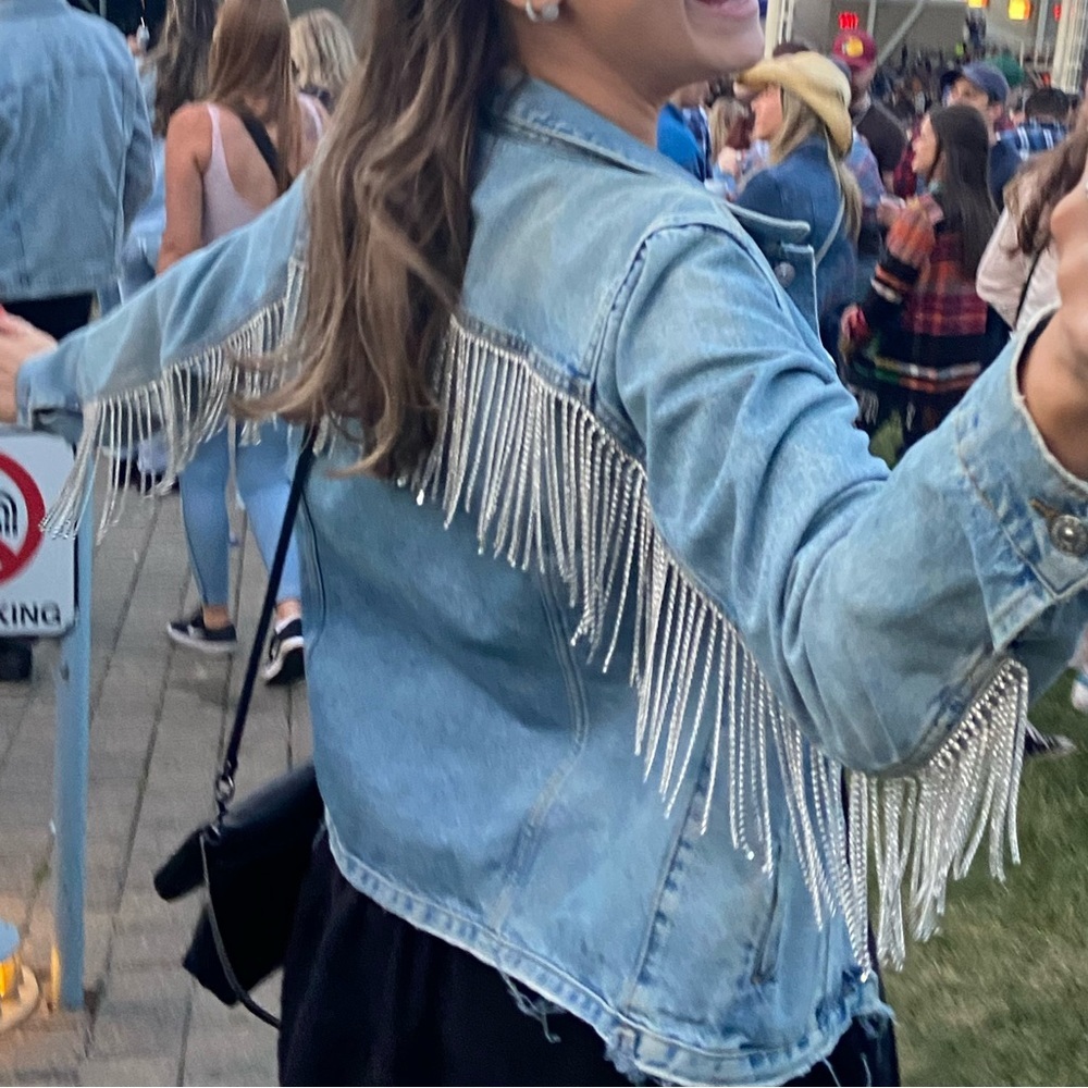 Custom crystal fringe denim jacket